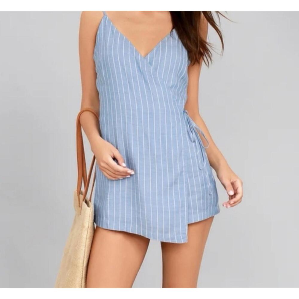 Lulu's Blue and White Striped Sleeveless Wrap Romper